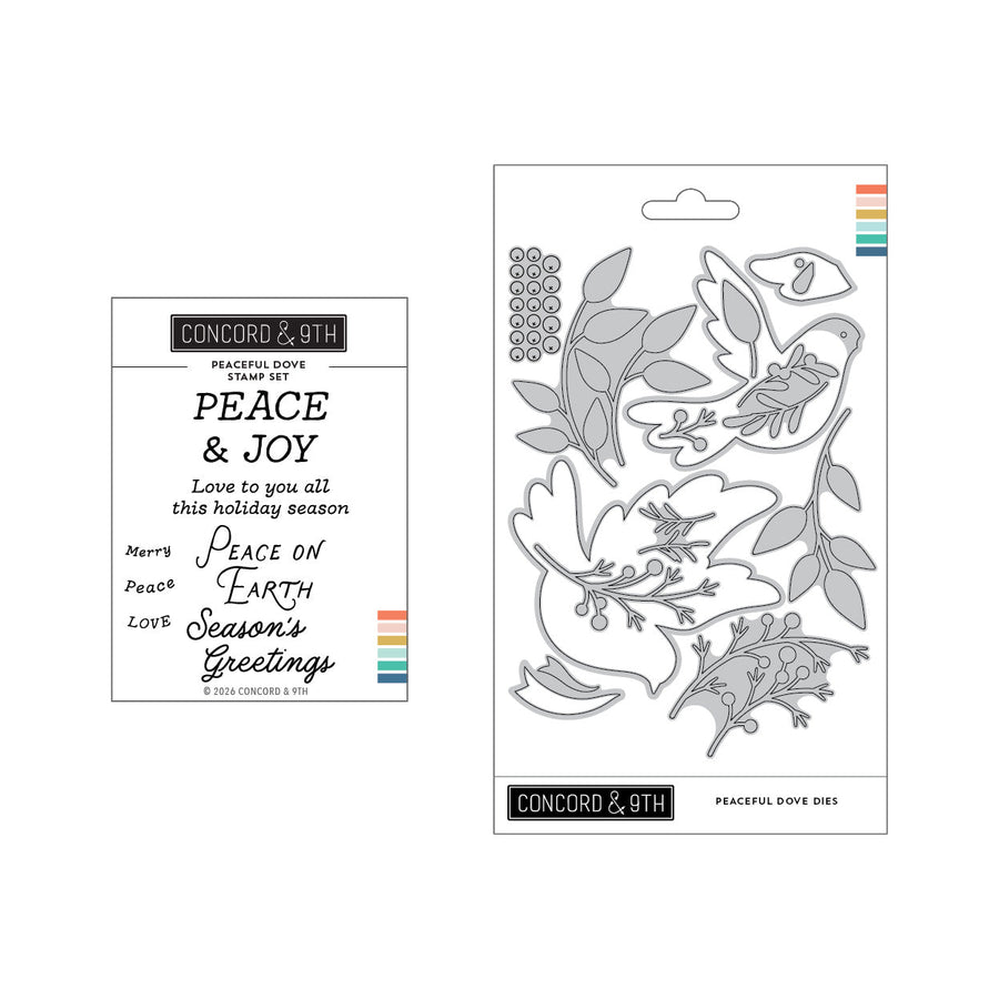 Concord & 9th Peaceful Dove Bundle — the Peaceful Dove sentiment stamps and layered dove dies shown together.