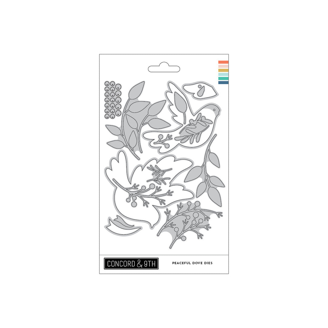 Concord & 9th Peaceful Dove Dies — a layered dove die cut with detailed wing, leaf, and berry-branch pieces.