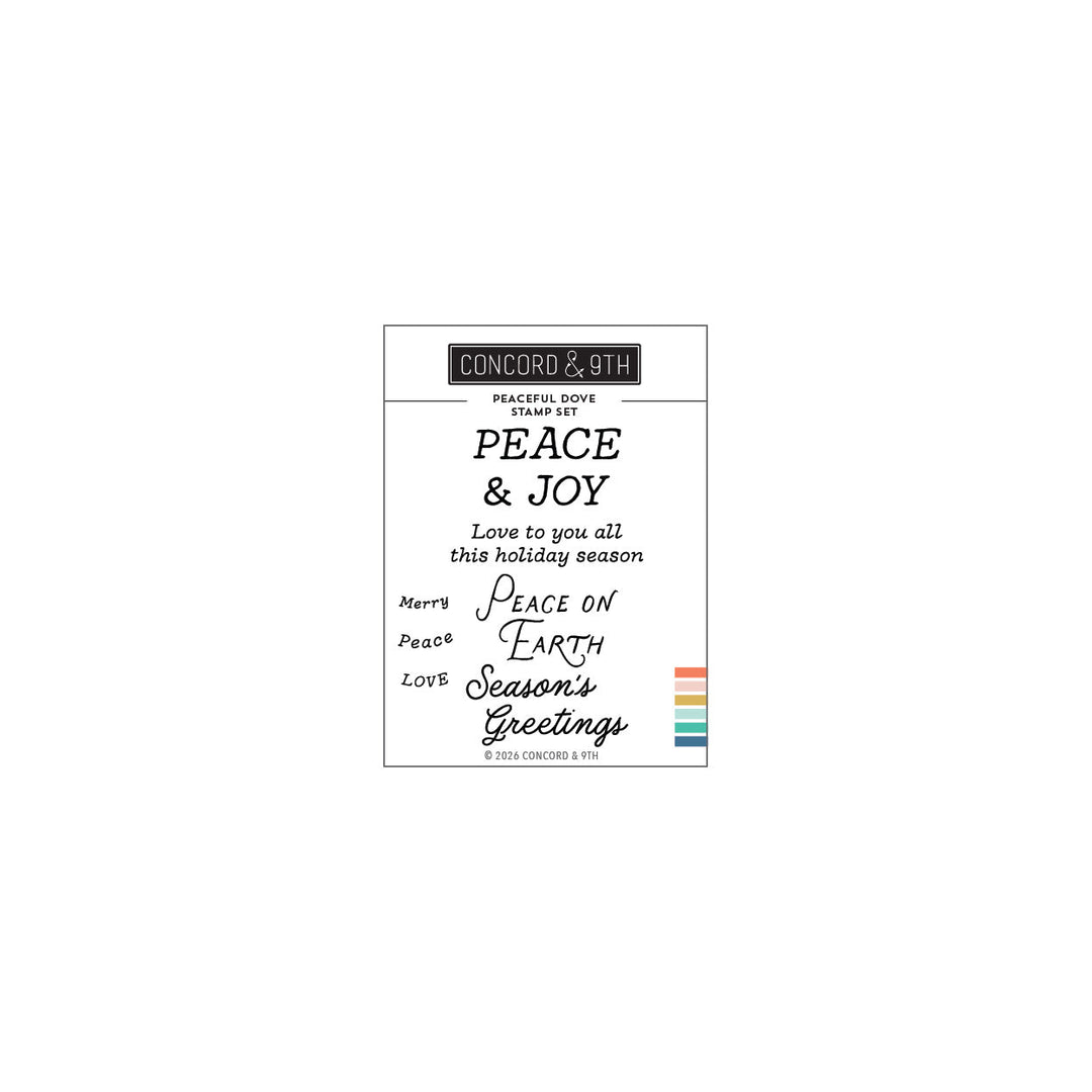 Concord & 9th Peaceful Dove Stamp Set — "Peace & Joy" and holiday sentiments like "Peace on Earth" and "Season's Greetings."