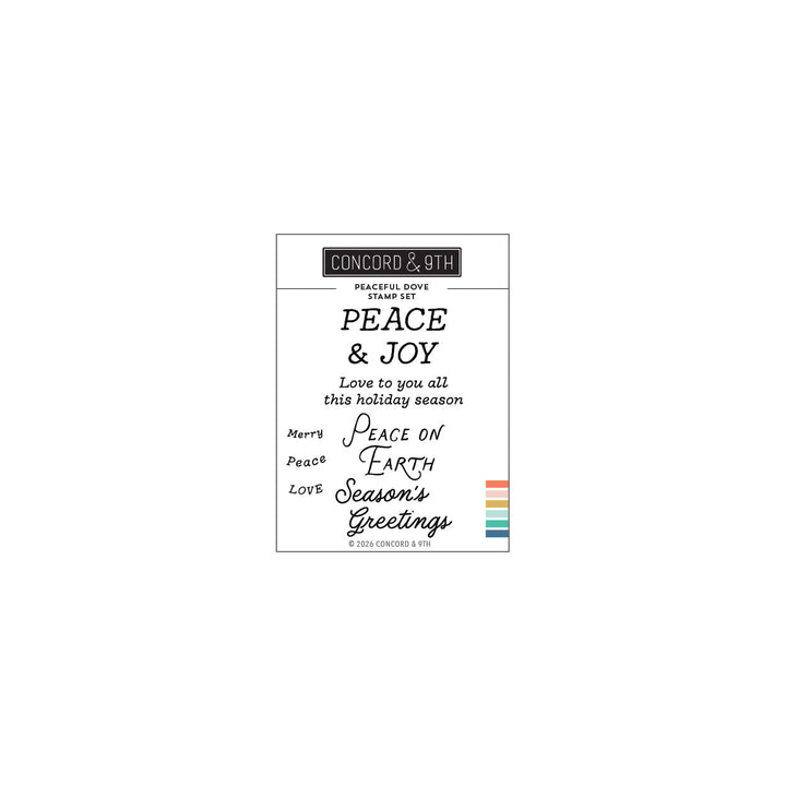 Concord & 9th Peaceful Dove Stamp Set — "Peace & Joy" and holiday sentiments like "Peace on Earth" and "Season's Greetings."