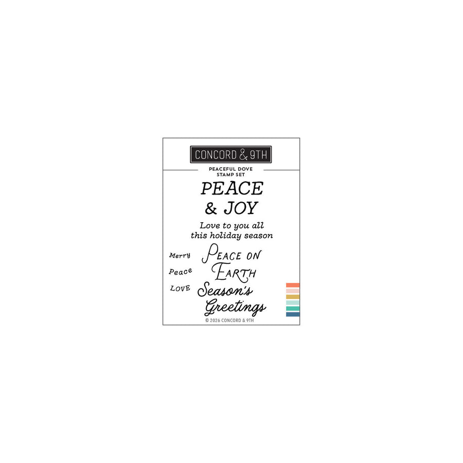 Concord & 9th Peaceful Dove Stamp Set — "Peace & Joy" and holiday sentiments like "Peace on Earth" and "Season's Greetings."