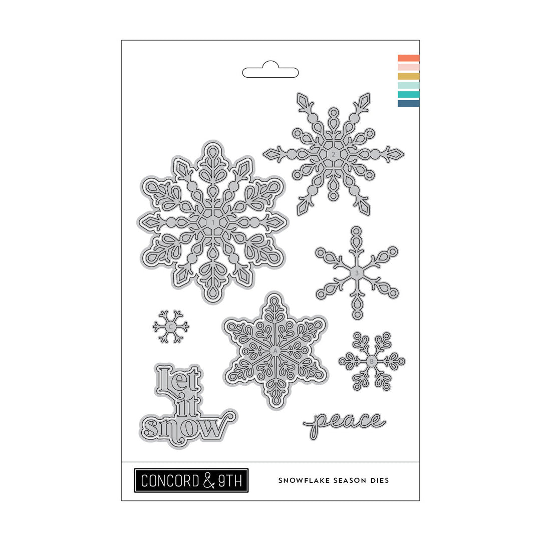 Concord & 9th Snowflake Season Dies — a set of intricately detailed snowflakes in several sizes, plus "Let it snow" and "peace" word dies.
