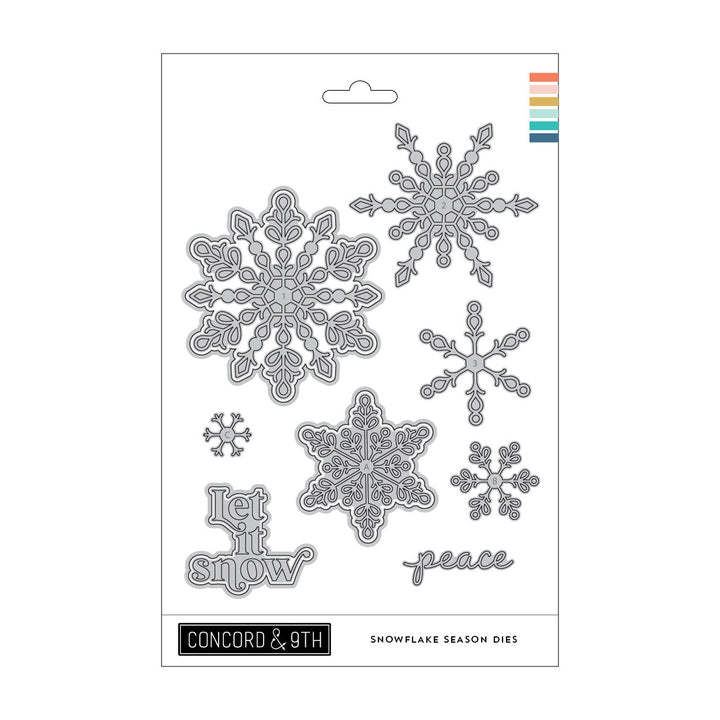 Concord & 9th Snowflake Season Dies — a set of intricately detailed snowflakes in several sizes, plus "Let it snow" and "peace" word dies.