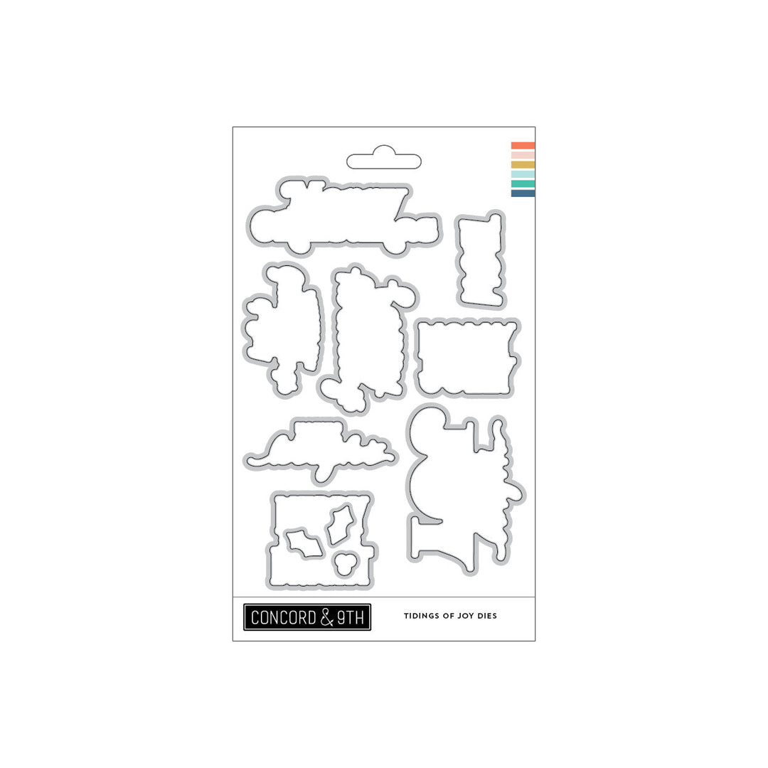 Concord & 9th Tidings of Joy Dies — coordinating label and banner-shaped cutting dies sized to the Tidings of Joy sentiment stamps.