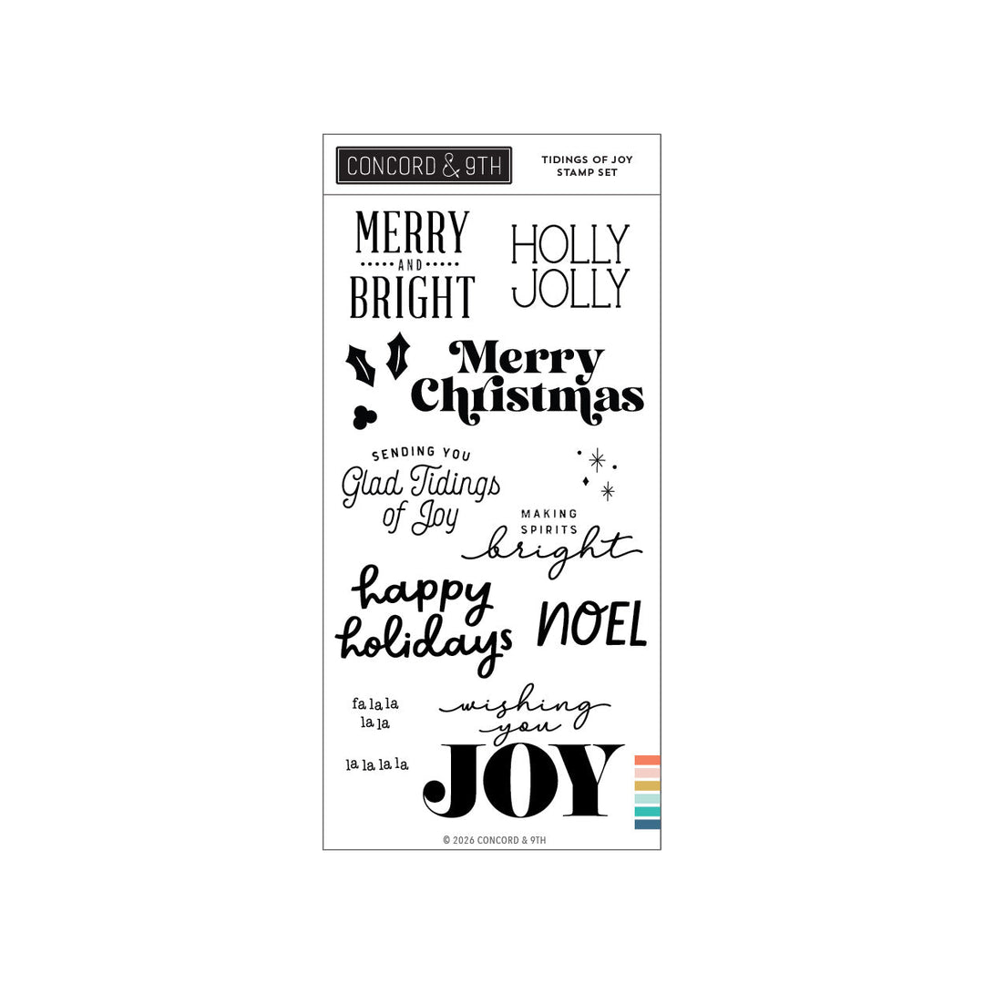 Concord & 9th Tidings of Joy Stamp Set — bold word-art sentiments including "Merry Christmas," "Holly Jolly," and "wishing you Joy."