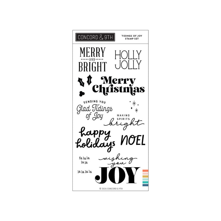 Concord & 9th Tidings of Joy Stamp Set — bold word-art sentiments including "Merry Christmas," "Holly Jolly," and "wishing you Joy."