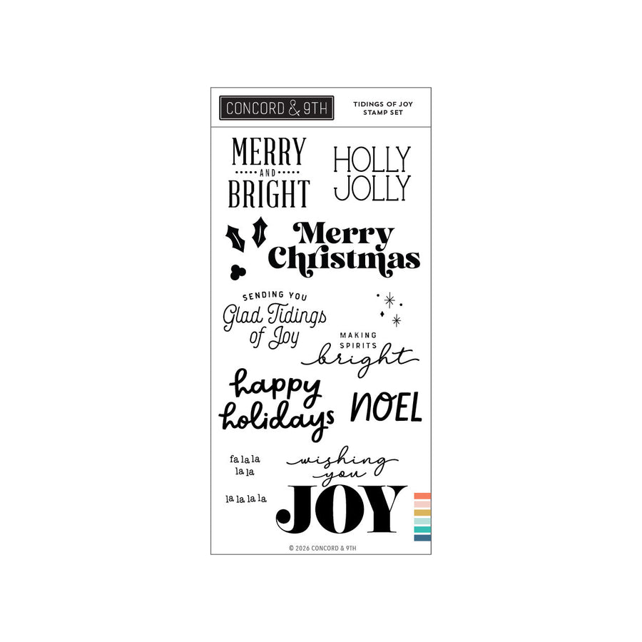 Concord & 9th Tidings of Joy Stamp Set — bold word-art sentiments including "Merry Christmas," "Holly Jolly," and "wishing you Joy."