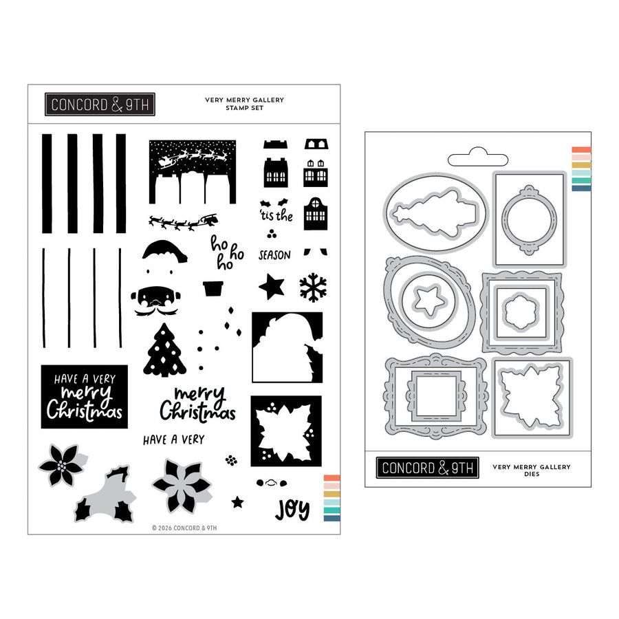 Concord & 9th Very Merry Gallery Bundle — the Very Merry Gallery stamp set and its coordinating ornate frame dies shown together.