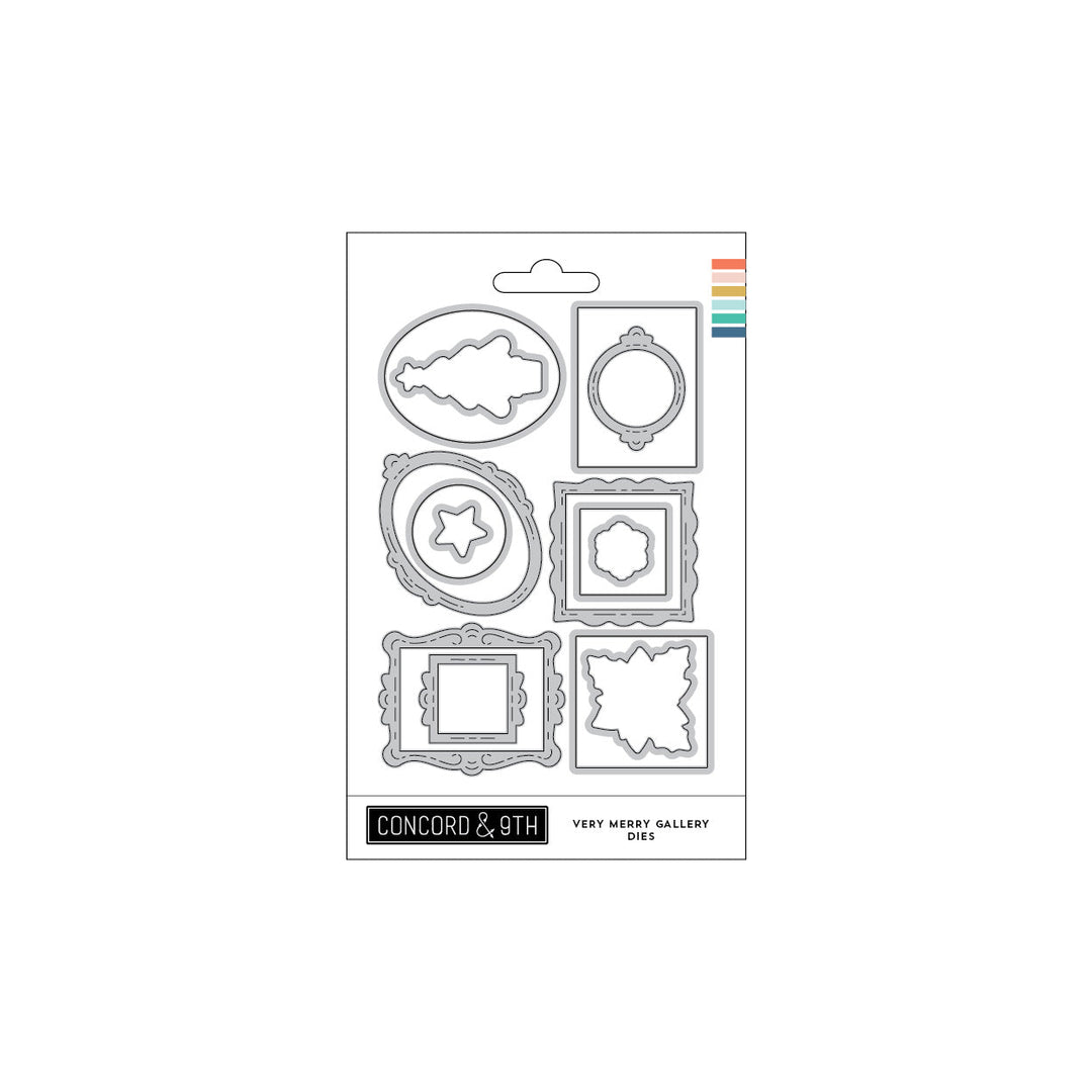 Concord & 9th Very Merry Gallery Dies — ornate picture-frame dies in oval, round, and scalloped square shapes, sized to fit the matching stamp set.