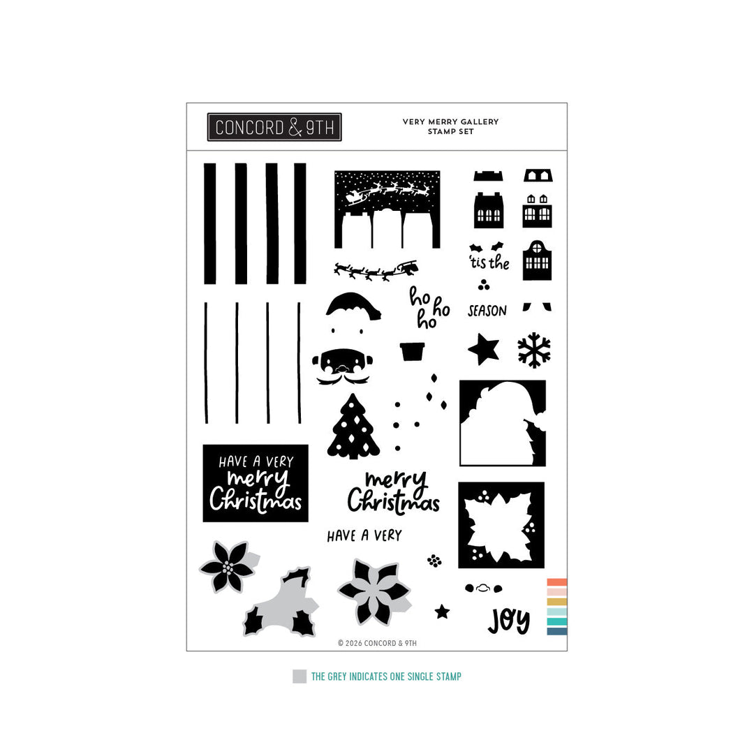 Concord & 9th Very Merry Gallery Stamp Set — Santa's sleigh over rooftops, poinsettias, a tree, and sentiments like "Have a Very Merry Christmas" and "ho ho ho."