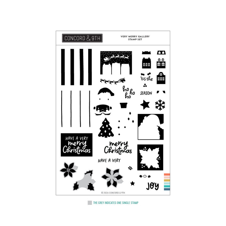 Concord & 9th Very Merry Gallery Stamp Set — Santa's sleigh over rooftops, poinsettias, a tree, and sentiments like "Have a Very Merry Christmas" and "ho ho ho."