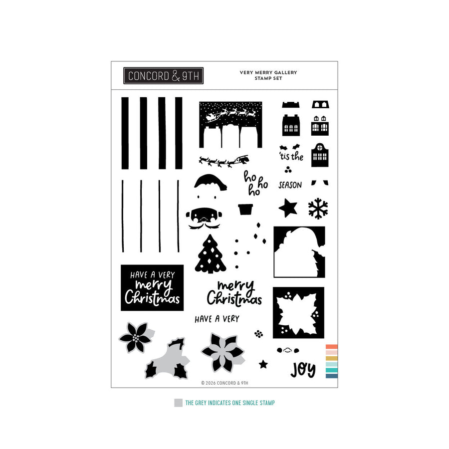Concord & 9th Very Merry Gallery Stamp Set — Santa's sleigh over rooftops, poinsettias, a tree, and sentiments like "Have a Very Merry Christmas" and "ho ho ho."