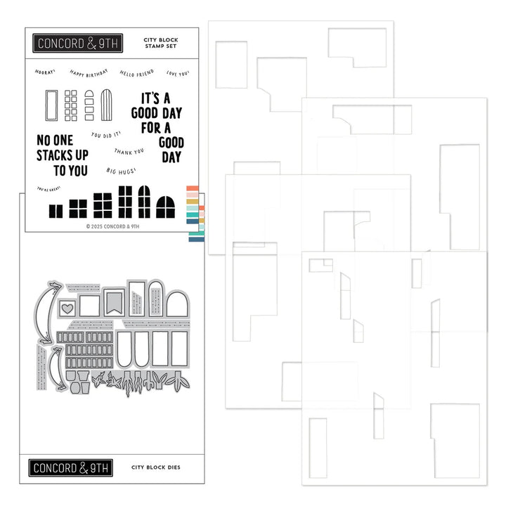 Concord & 9th City Block stamp set and dies and stencils bundle on a white background