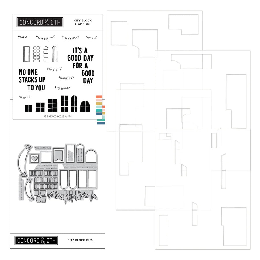 Concord & 9th City Block stamp set and dies and stencils bundle on a white background