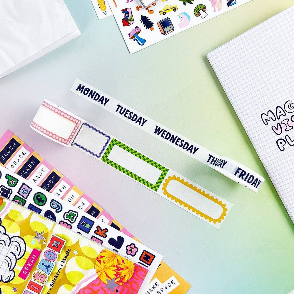 Colorful planner stickers with days of the week washi on a gradient background