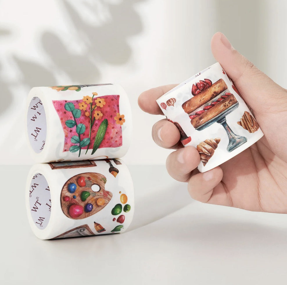The washi tape shop stickers in hand to show size