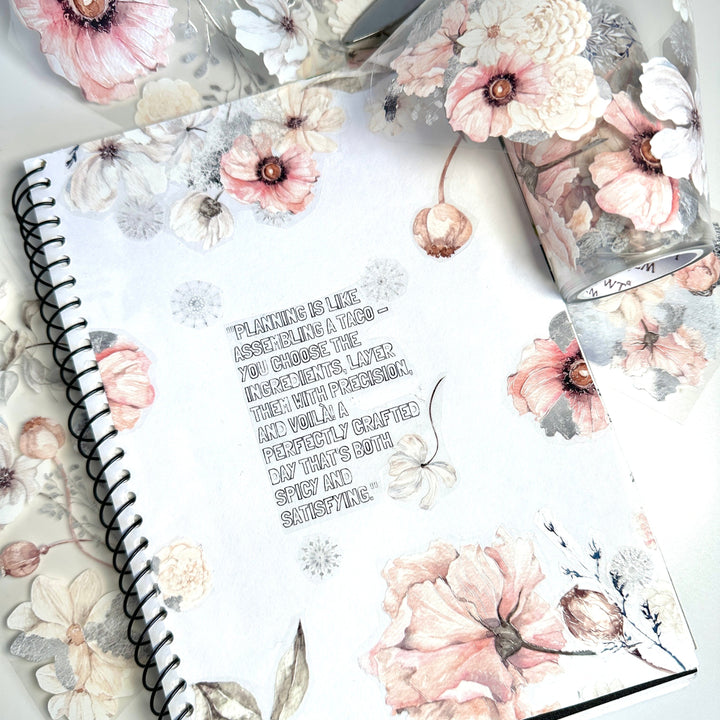 a journal page using PET tape from the washi tape shop - frost bloom - also used scribble saga for the sentiment.