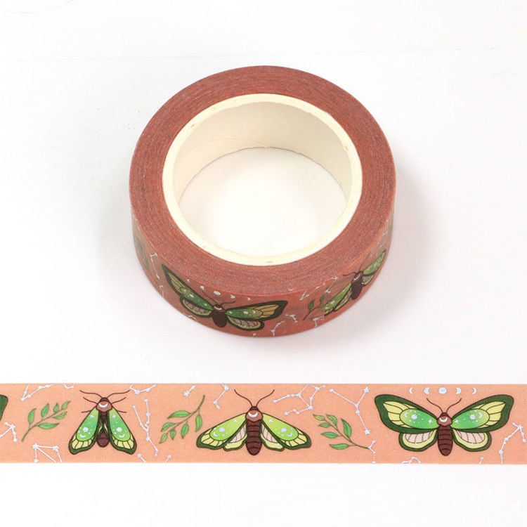 Peachy washi tape with green moth and holographic accents