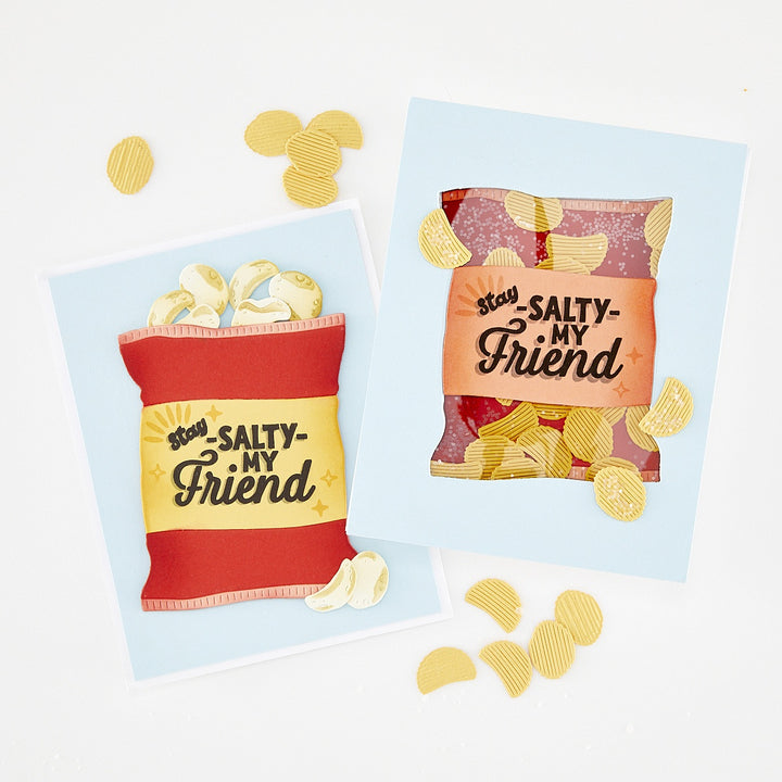 Two greeting cards with potato chip designs and 'Stay Salty My Friend' text on a light blue background.