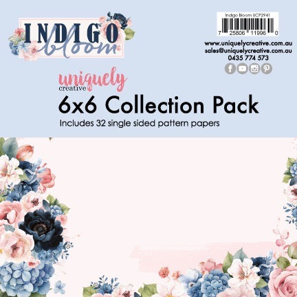 Indigo Bloom 6x6 Collection Pack with floral design and branding on a light blue background