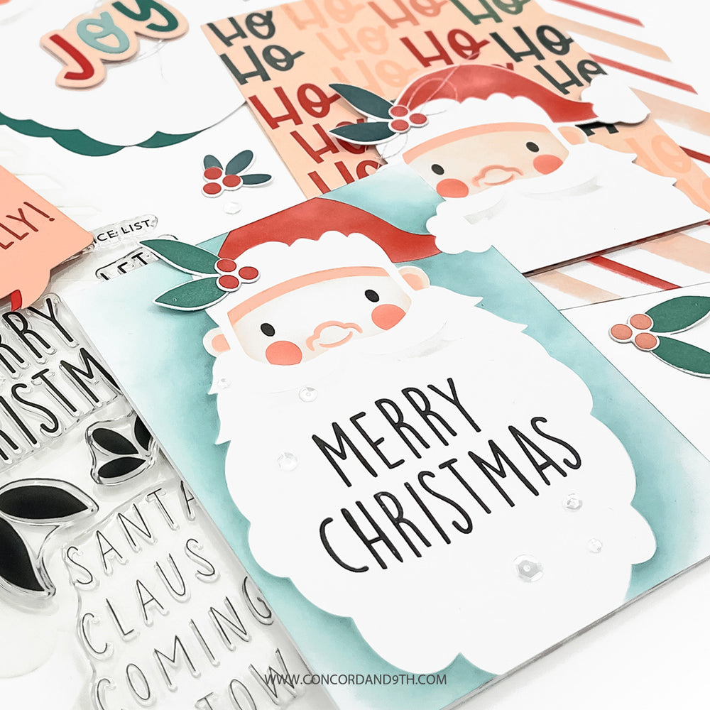 Christmas-themed cards with Santa Claus and holiday phrases on a white background.