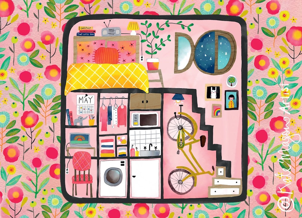 Postcard By Kate Mason of tiny house surrounded by floral designs