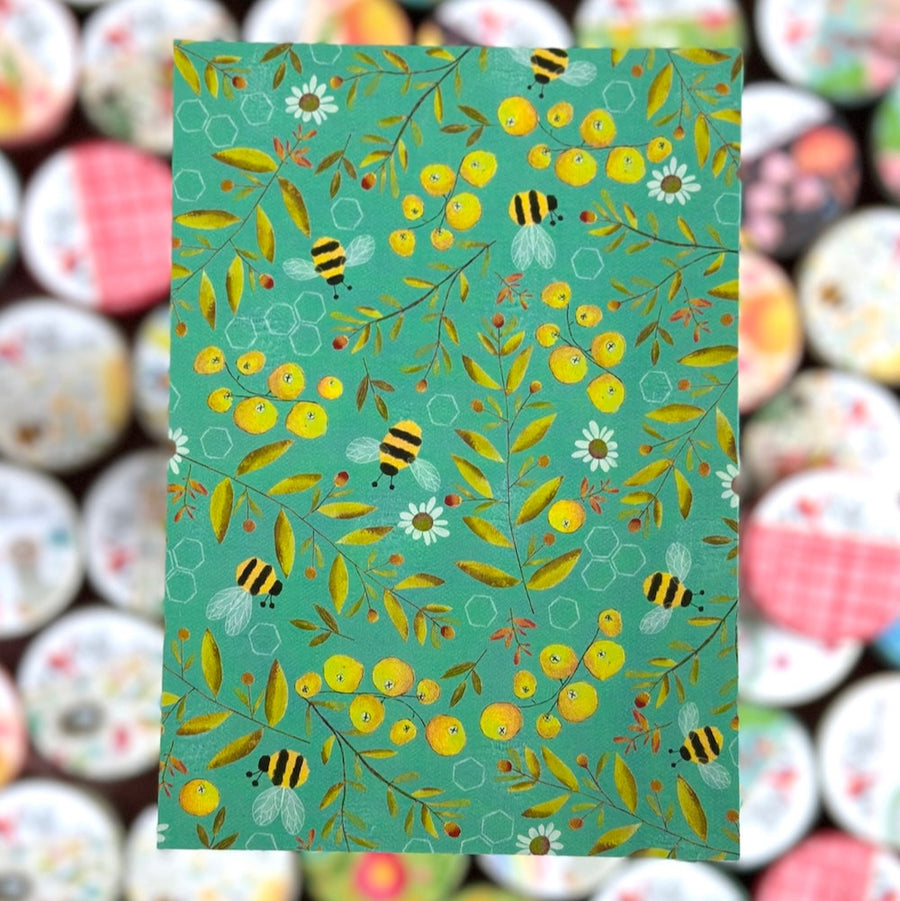 postcard with floral and bee pattern on a colorful background