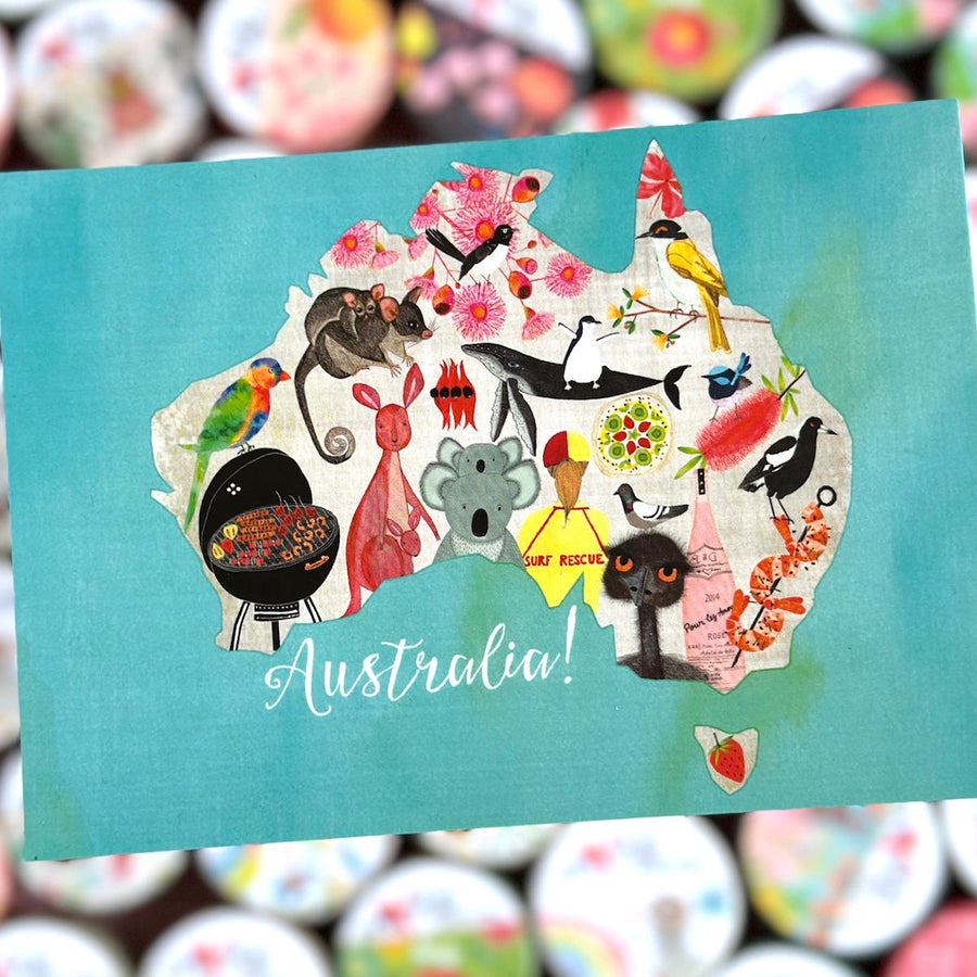 post Card with illustrations of Australian animals and 'Australia!' text on a blue background, surrounded by colorful washi tapes.