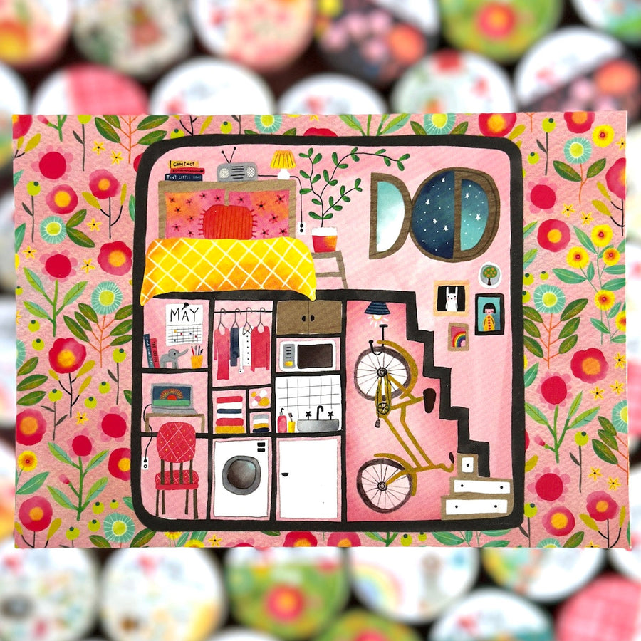 Colorful illustration of a room layout with decorative elements on a pink floral background.
