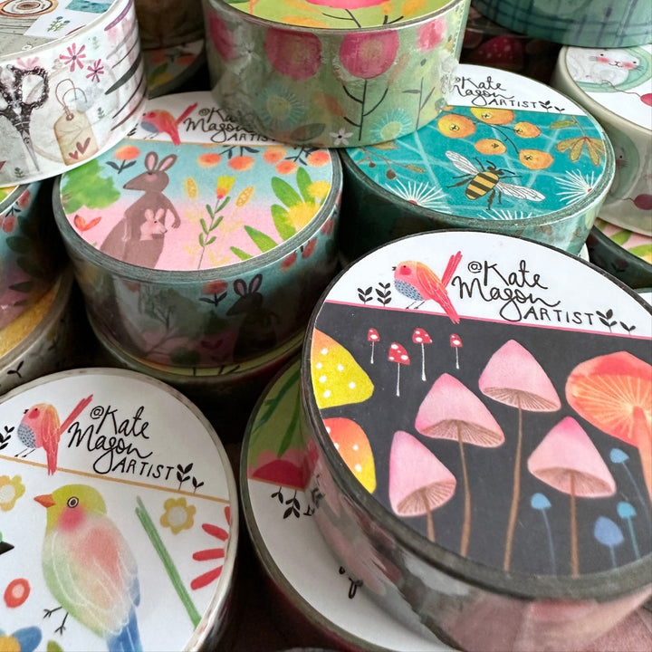 Collection of colorful washi tapes with floral and nature themed designs by Kate Mason art