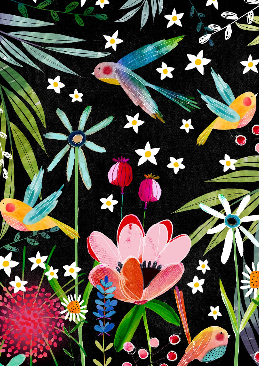 Postcard with Colourful birds and flowers on a black background