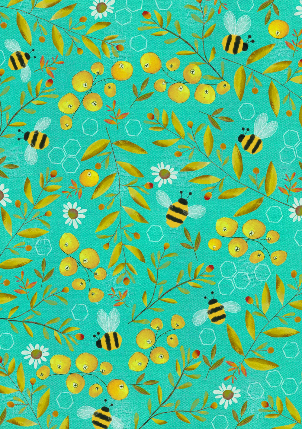 Postcard with Pattern of bees, flowers, and leaves on a teal background