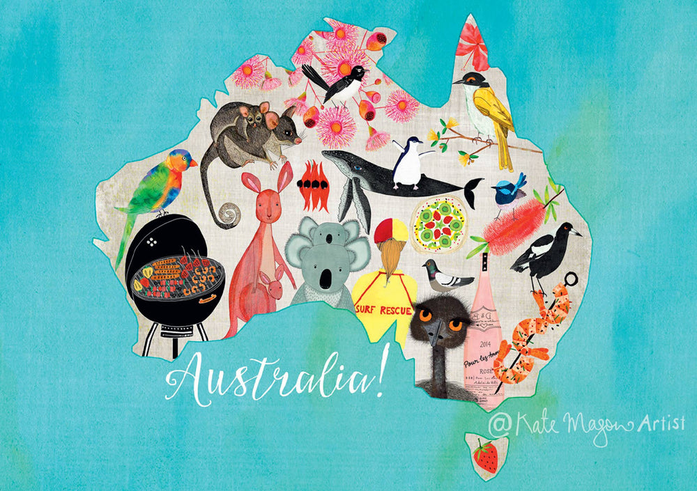 Map of Australia postcard with various animals and icons on a blue background
