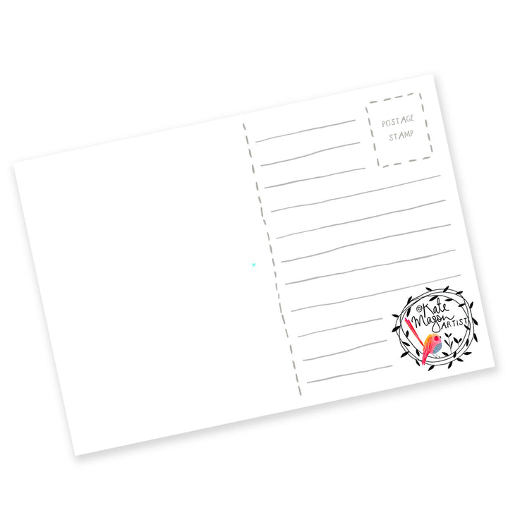White postcard with lined writing area and decorative design on a white background