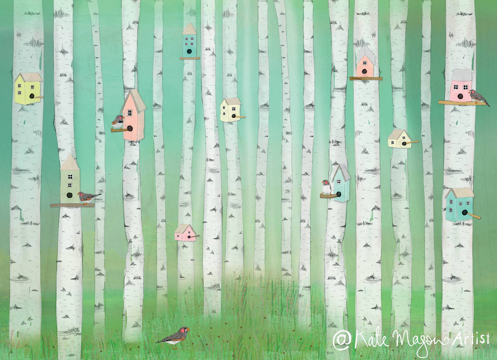 Postcard with Illustration of birch trees with birdhouses in a forest setting