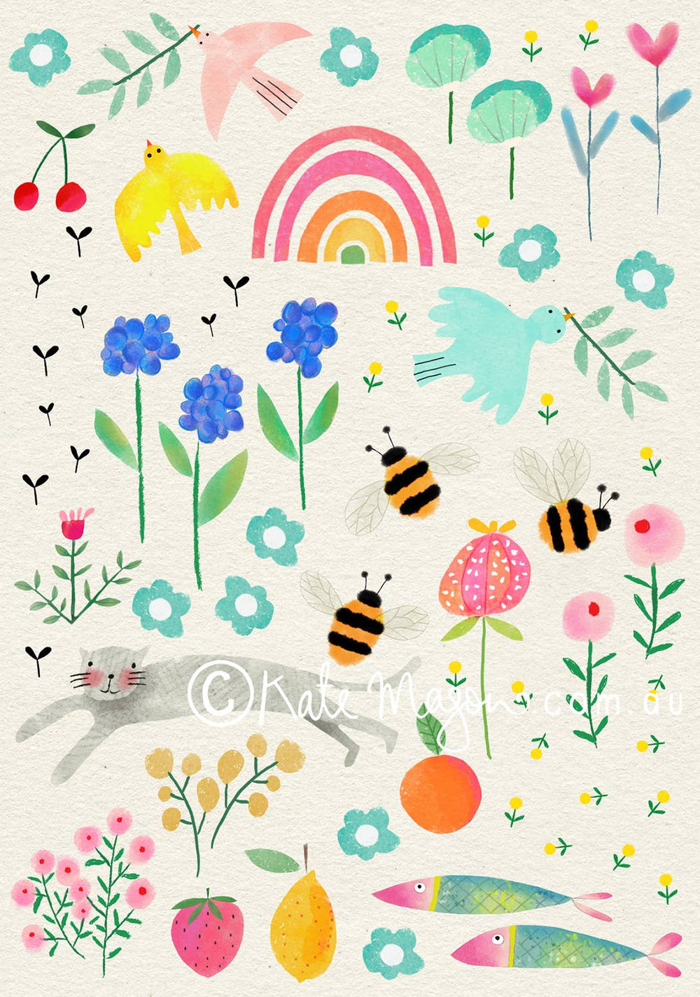 Colorful illustration of animals, flowers, and plants on a beige background
