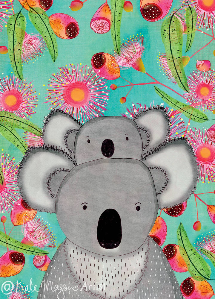 Two koalas sitting on each other with a colorful floral background