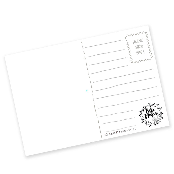 Postcard back with black text and design elements on a white background