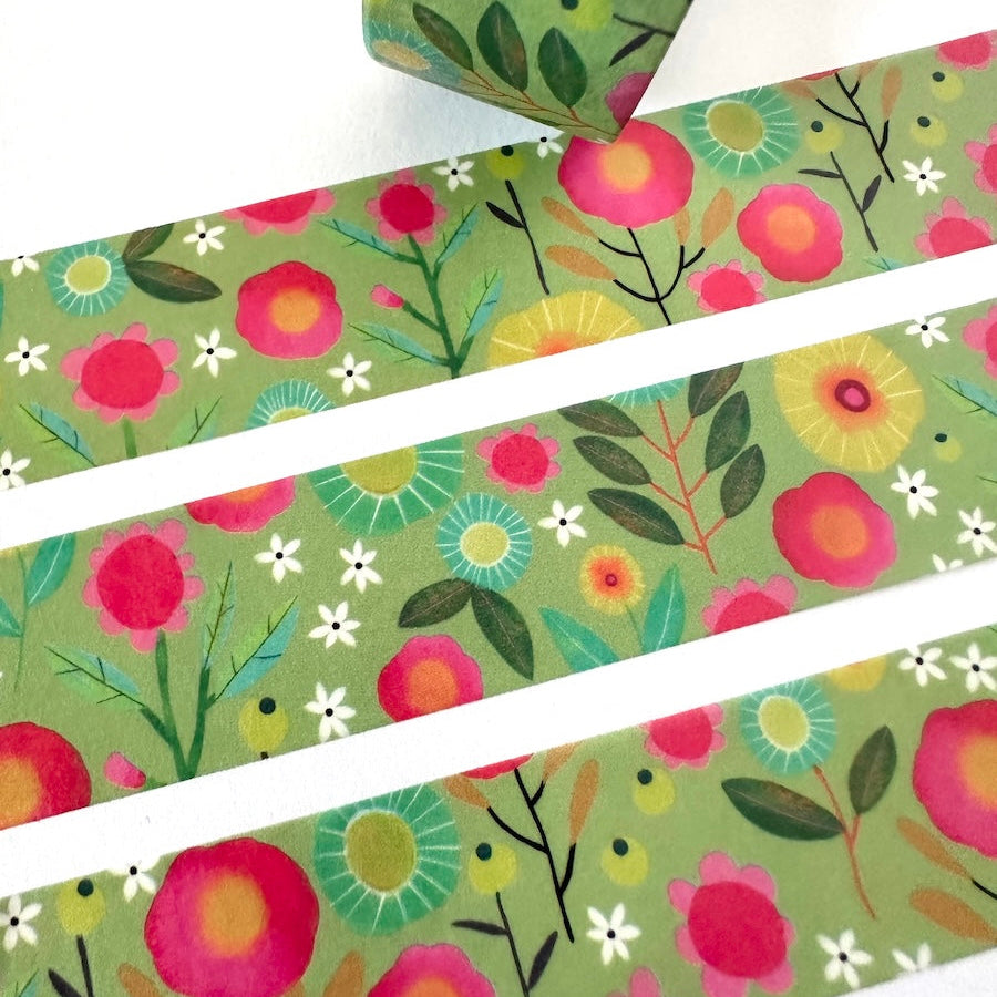 Green Floral patterned washi tape on a white background