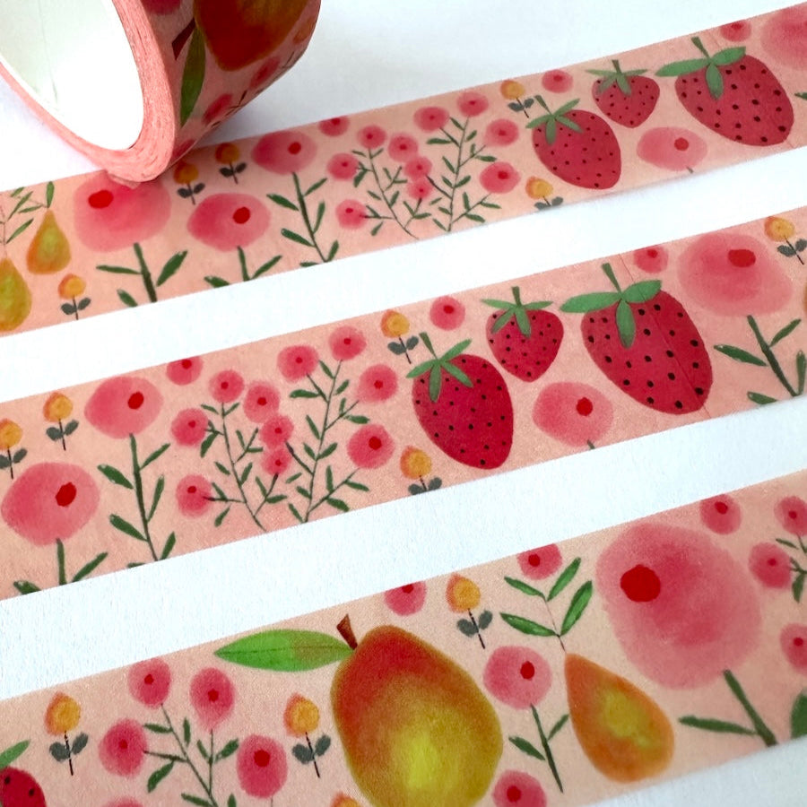 Decorative tape with strawberry and floral pattern on a white background