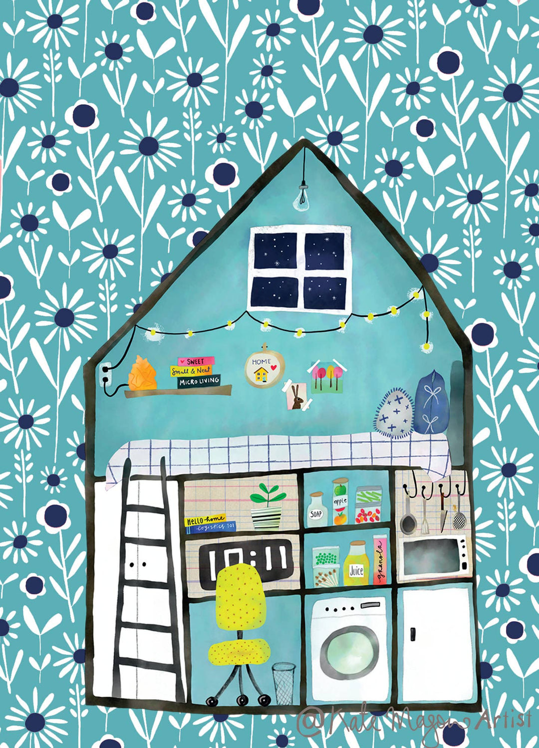A postcard with a whimsical illustration of a tiny house-shaped room filled with household items, set against a teal and white floral patterned background. The house contains a window, ladder, chair, washing machine, refrigerator, shelves, and string lights.