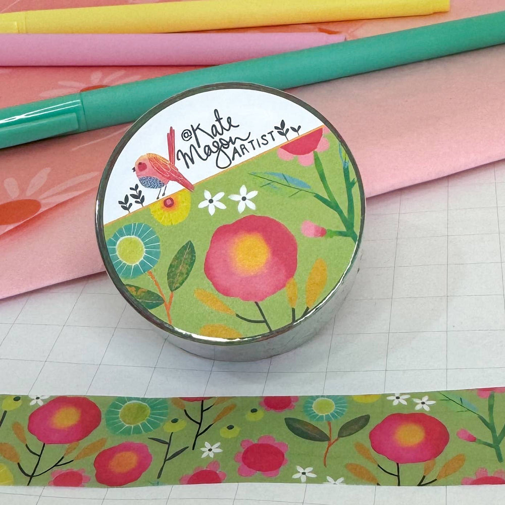 Decorative tape with floral design and 'Kate Mason Artist' branding on a grid background.