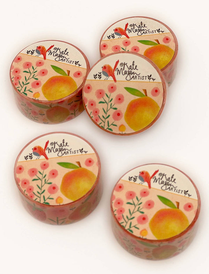 Five washi tapes with floral and fruit design on a white background from above