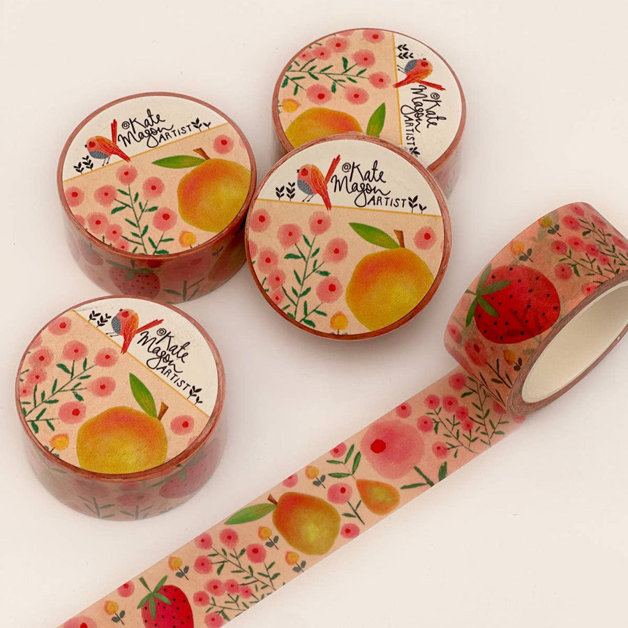Decorative tape with fruit and floral design on a white background