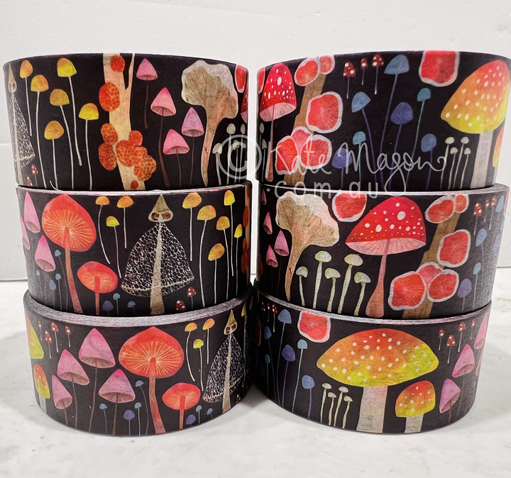 Set of colourful mushroom-patterned tape rolls on a white background by Kate Mason Art