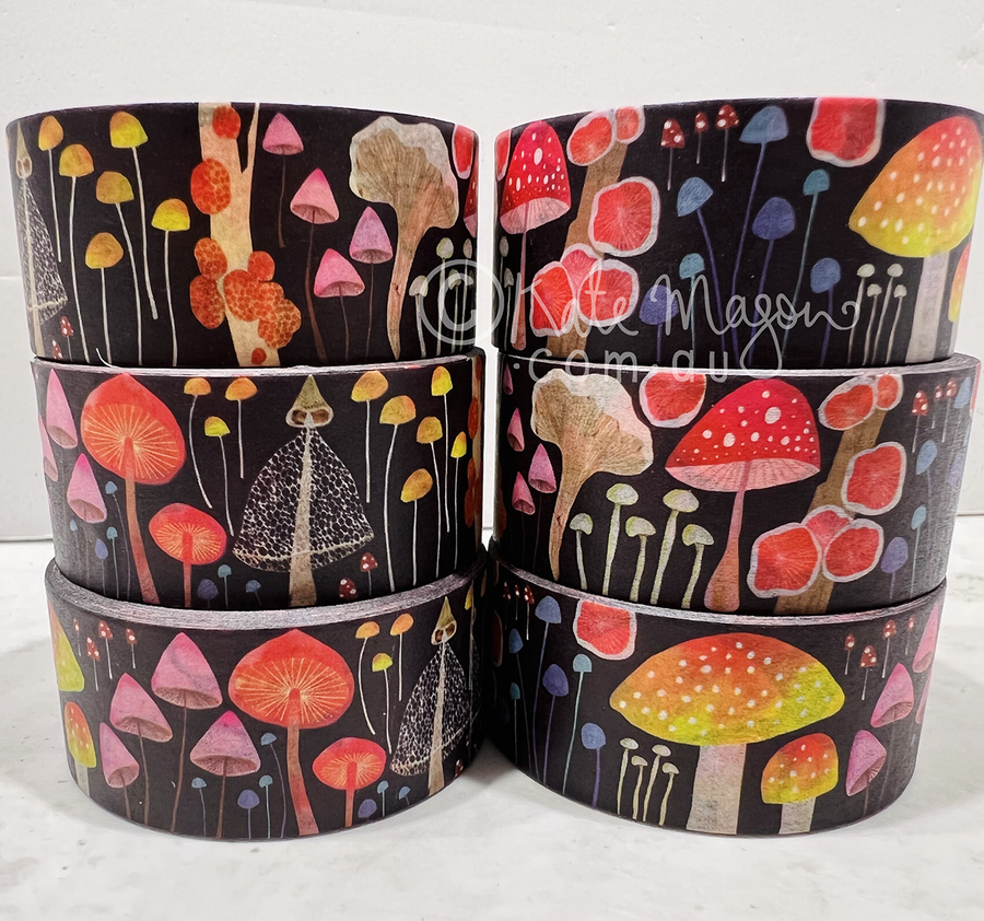 Set of colourful mushroom-patterned tape rolls on a white background by Kate Mason Art