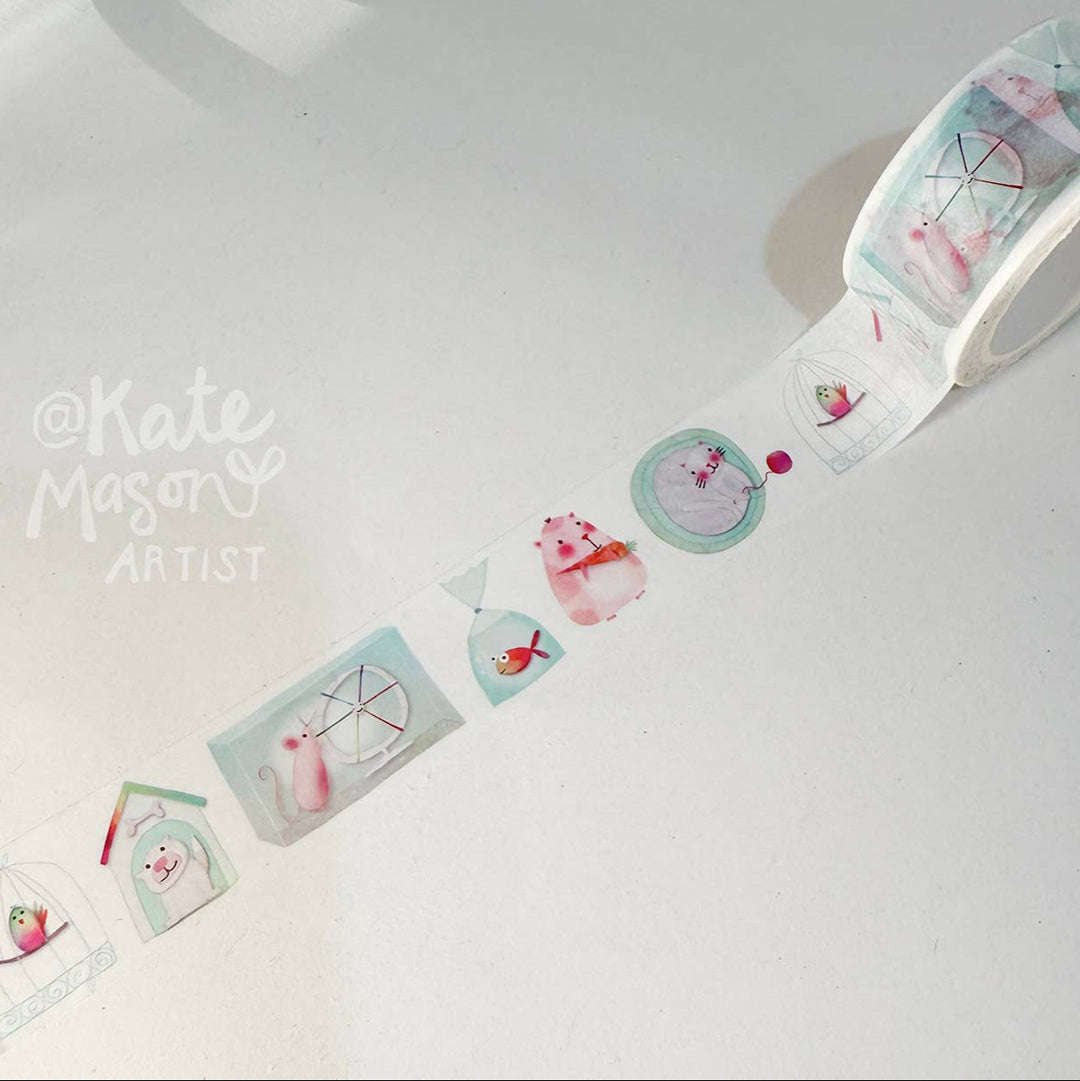 Decorative tape with cartoon designs on a white background, featuring the brand 'Kate Mason Artist'.