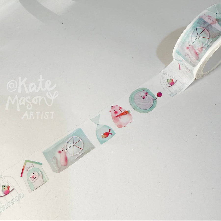 Decorative tape with cartoon designs on a white background, featuring the brand 'Kate Mason Artist'.