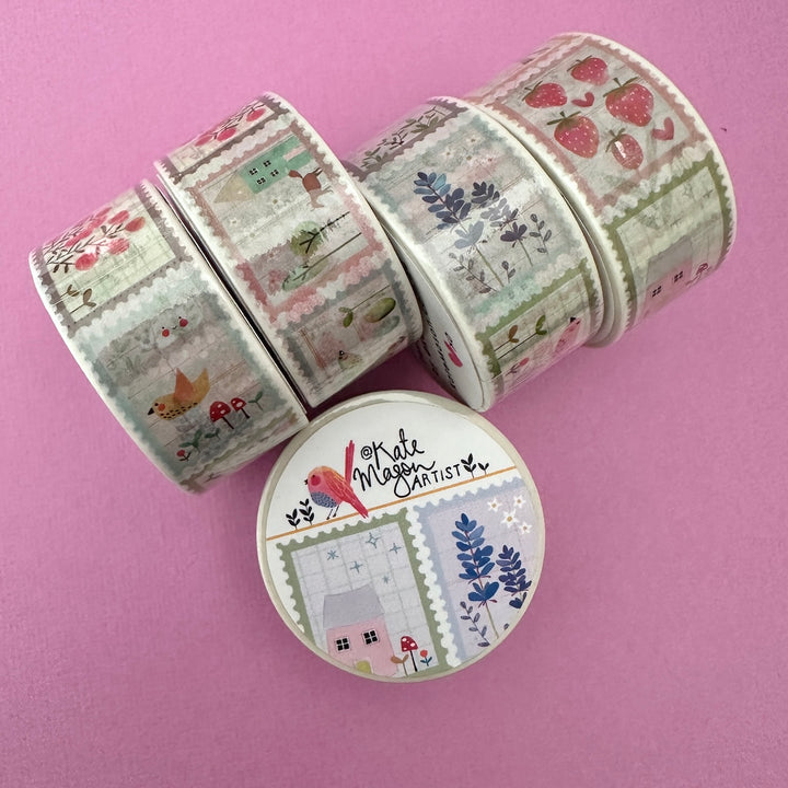 FIve rolls of decorative washi tape with nature patterns, arranged on a solid pink background with the label kate mason artist
