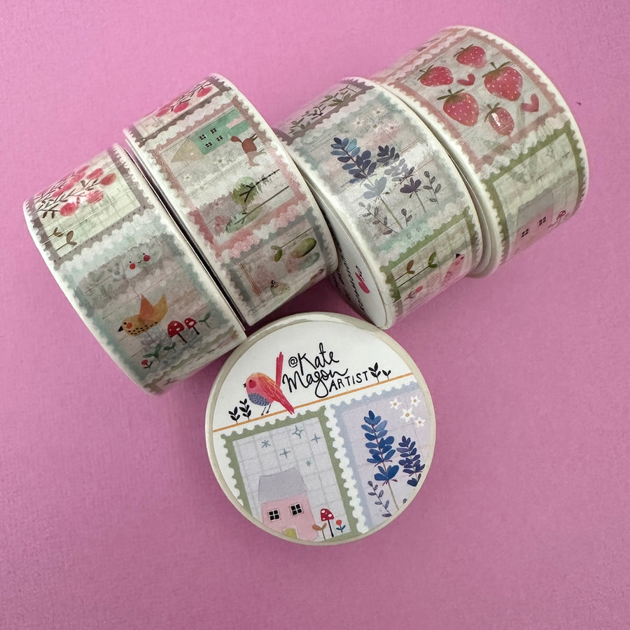 FIve rolls of decorative washi tape with nature patterns, arranged on a solid pink background with the label kate mason artist
